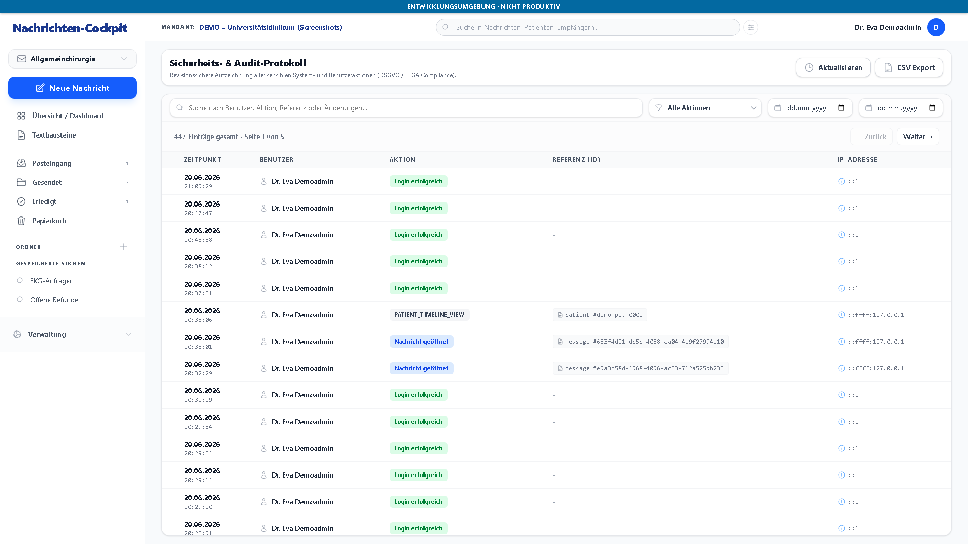 Auditprotokoll mit Hash-Chain-geschützten Einträgen — Datum, Aktion und Benutzer